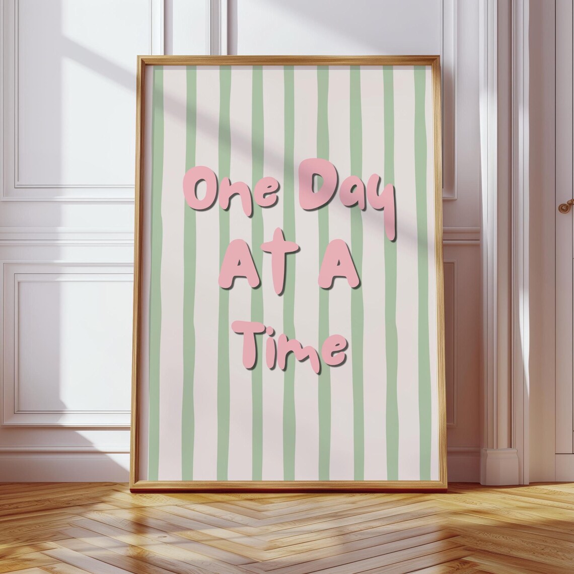 One Day At A Time Quote Pink Green Striped Motivational Poster