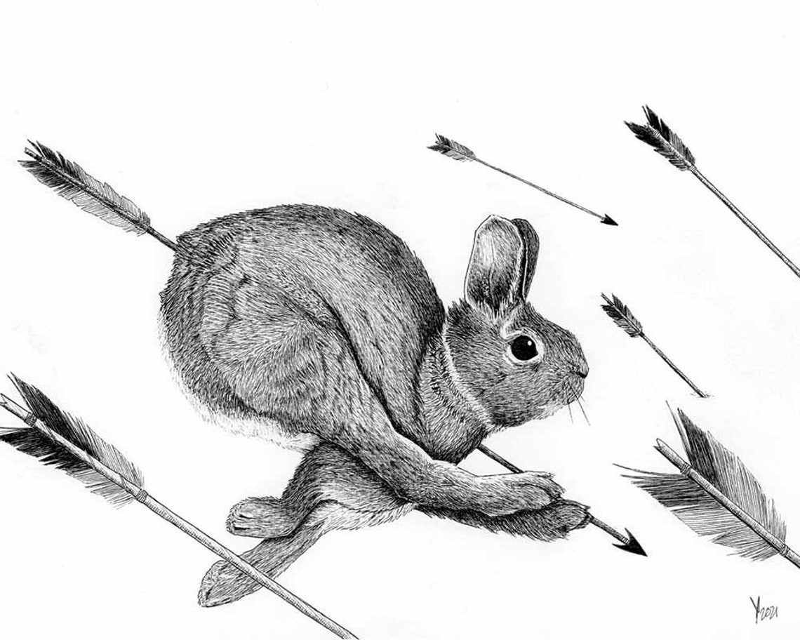 Rabbit Leaping Through a Shower of Flying Arrows Ink Art Poster - Image 2