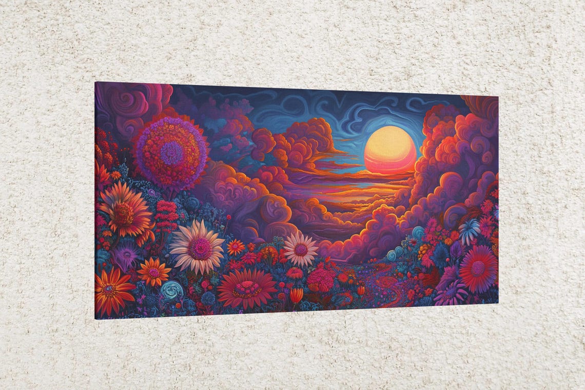Psychedelic Sunset Wildflowers Big Moon Swirling Sky Floral Art Poster - Image 2