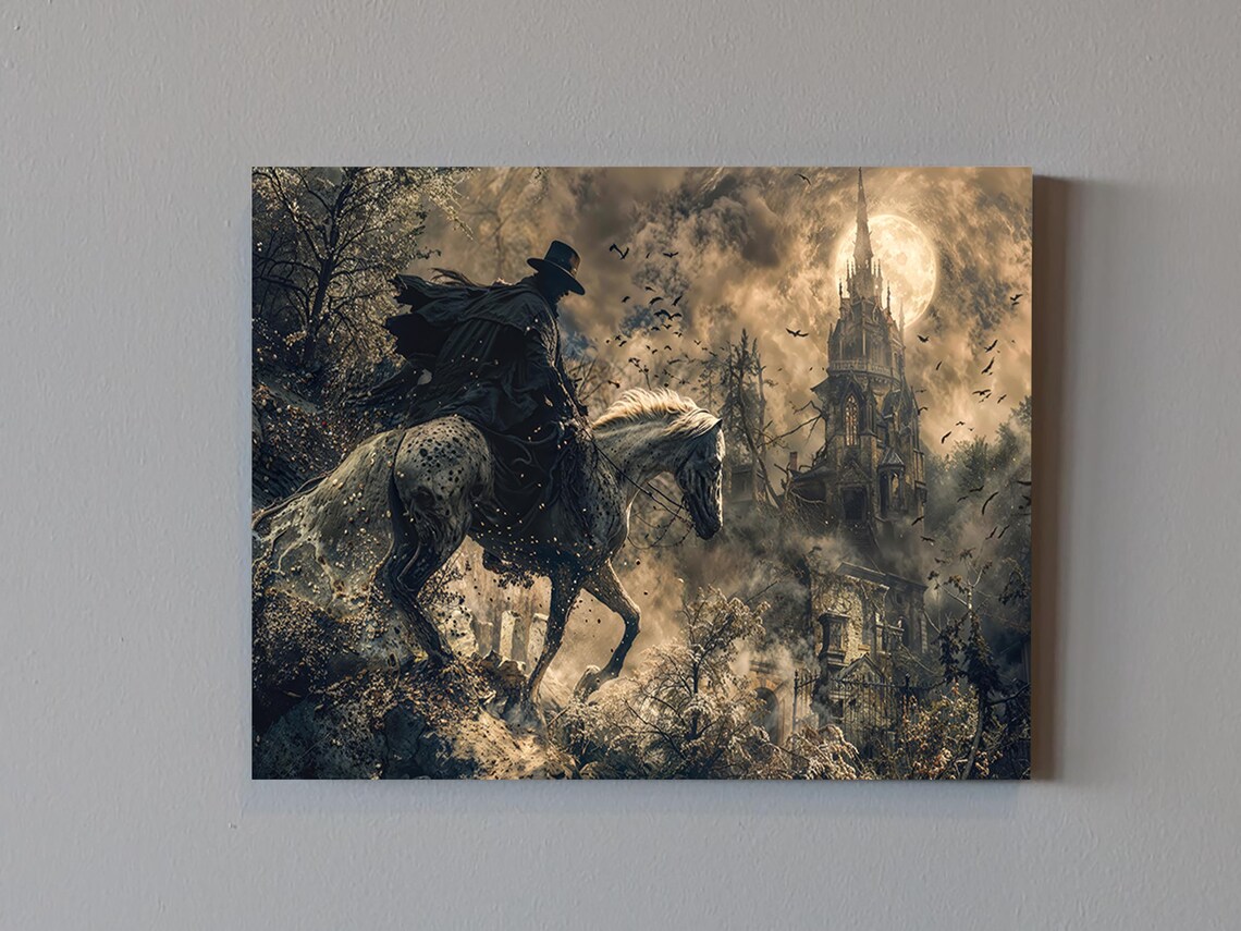 Dark Horseman White Horse Gothic Castle Full Moon Halloween Art Poster