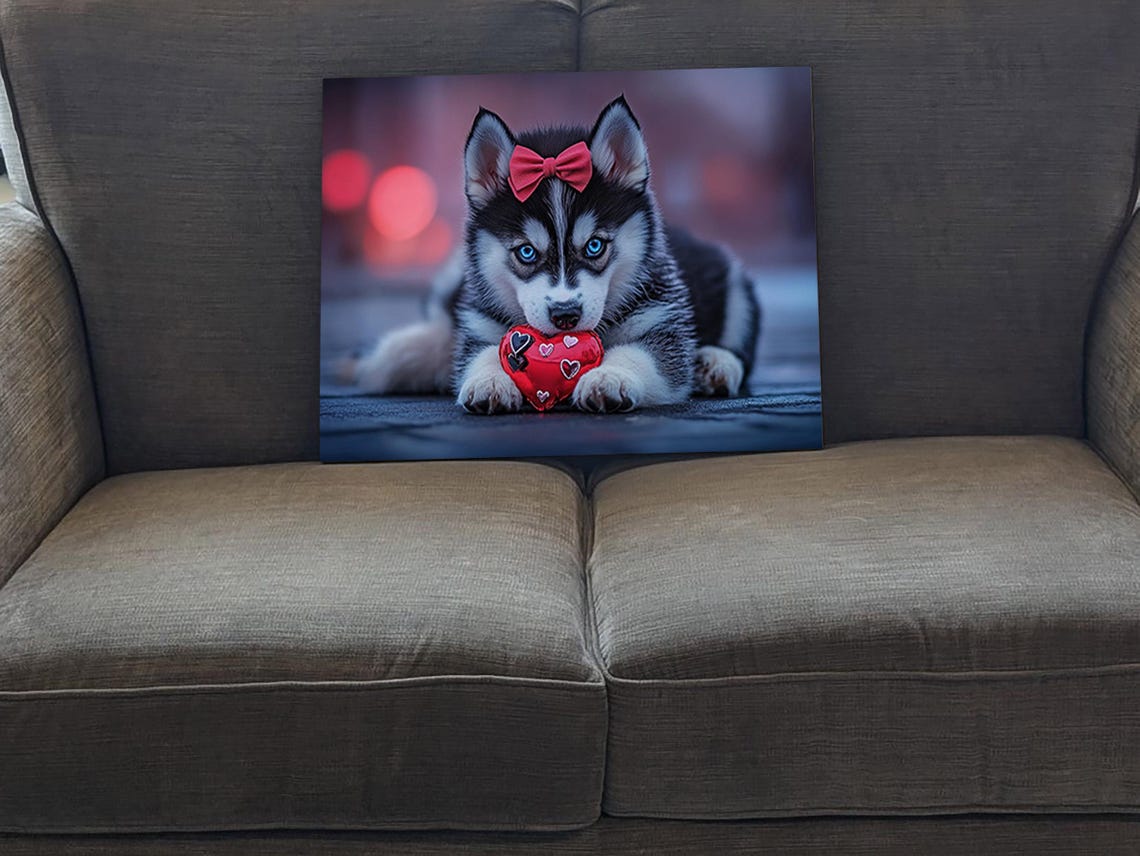 Husky Puppy Blue Eyes Red Bow Holding Heart Valentines Day Art Poster - Image 5