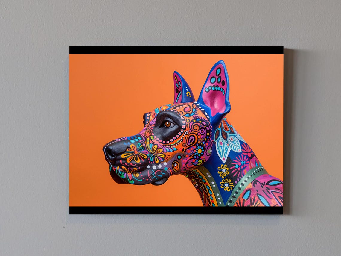 Great Dane Alebrije Colorful Floral Patterns Orange Background Poster