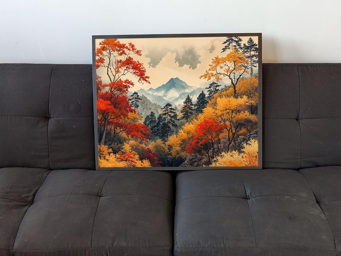Japanese Autumn Forest Red Maples Misty Mountain Peak Fall Art Poster - Image 4
