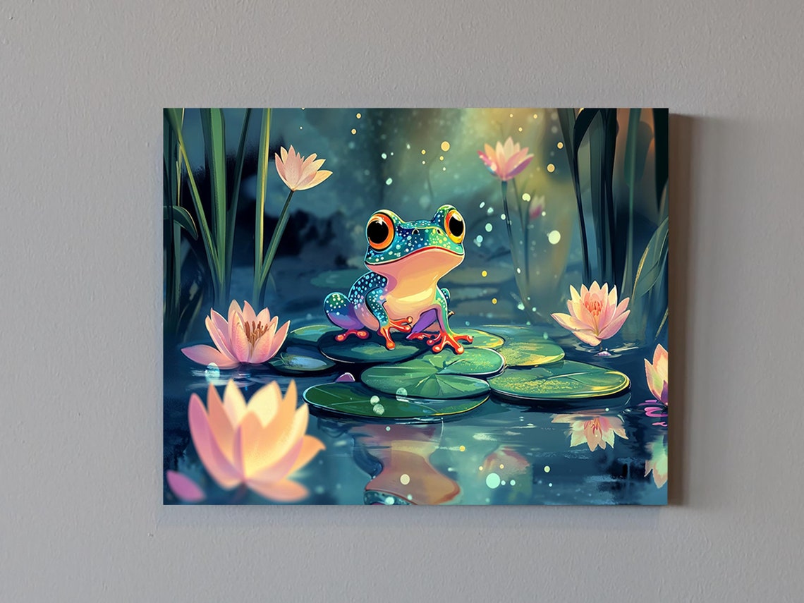 Cute Frog Rests On A Lily Pad With Flowers Around It Calm Art Art Block Print