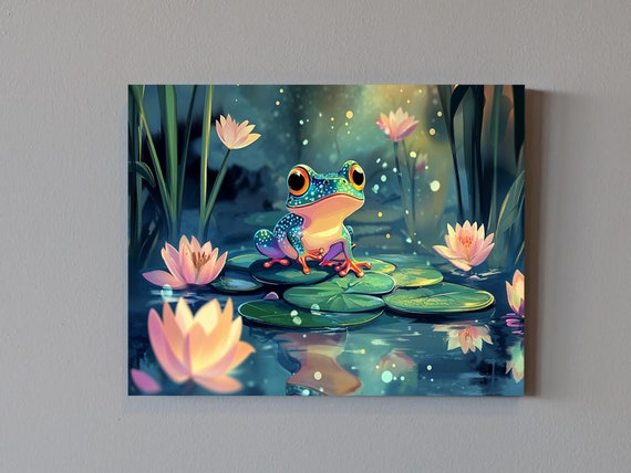 Cute Frog Rests On A Lily Pad With Flowers Around It Calm Art Art Block Print