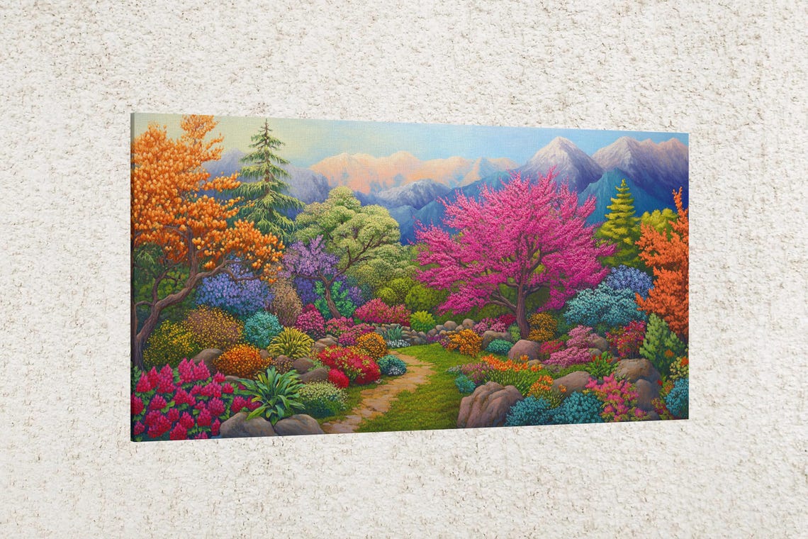 Spring Garden Blossom Path Mountain Landscape Colorful Art Poster - Image 2