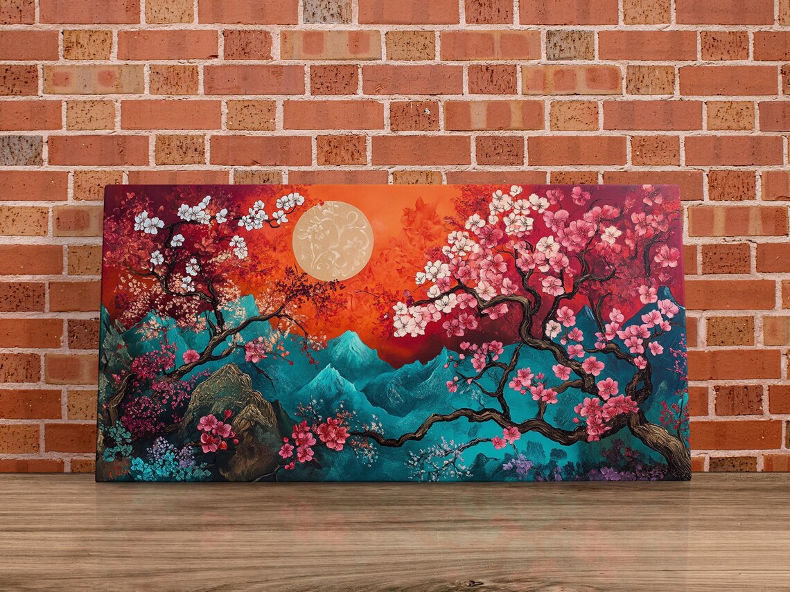Cherry Blossom Moon Mountain Fantasy Landscape Colorful Floral Art Poster