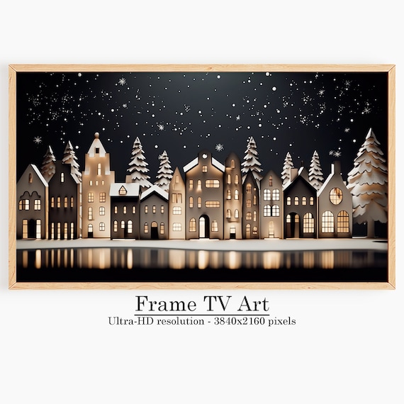 Paper Cut Christmas Waterfront Village Night Snow Frame TV Art Poster