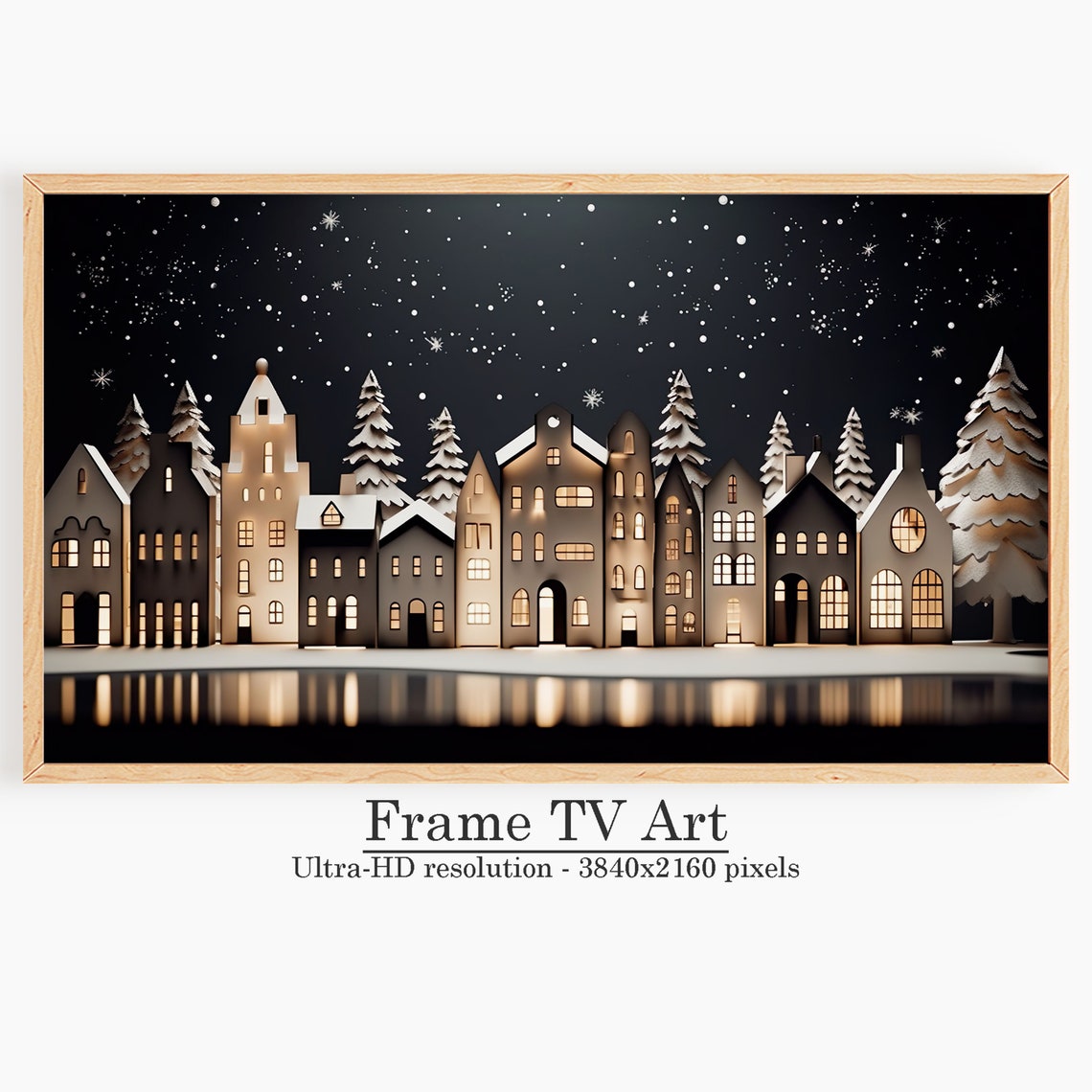Paper Cut Christmas Waterfront Village Night Snow Frame TV Art Poster