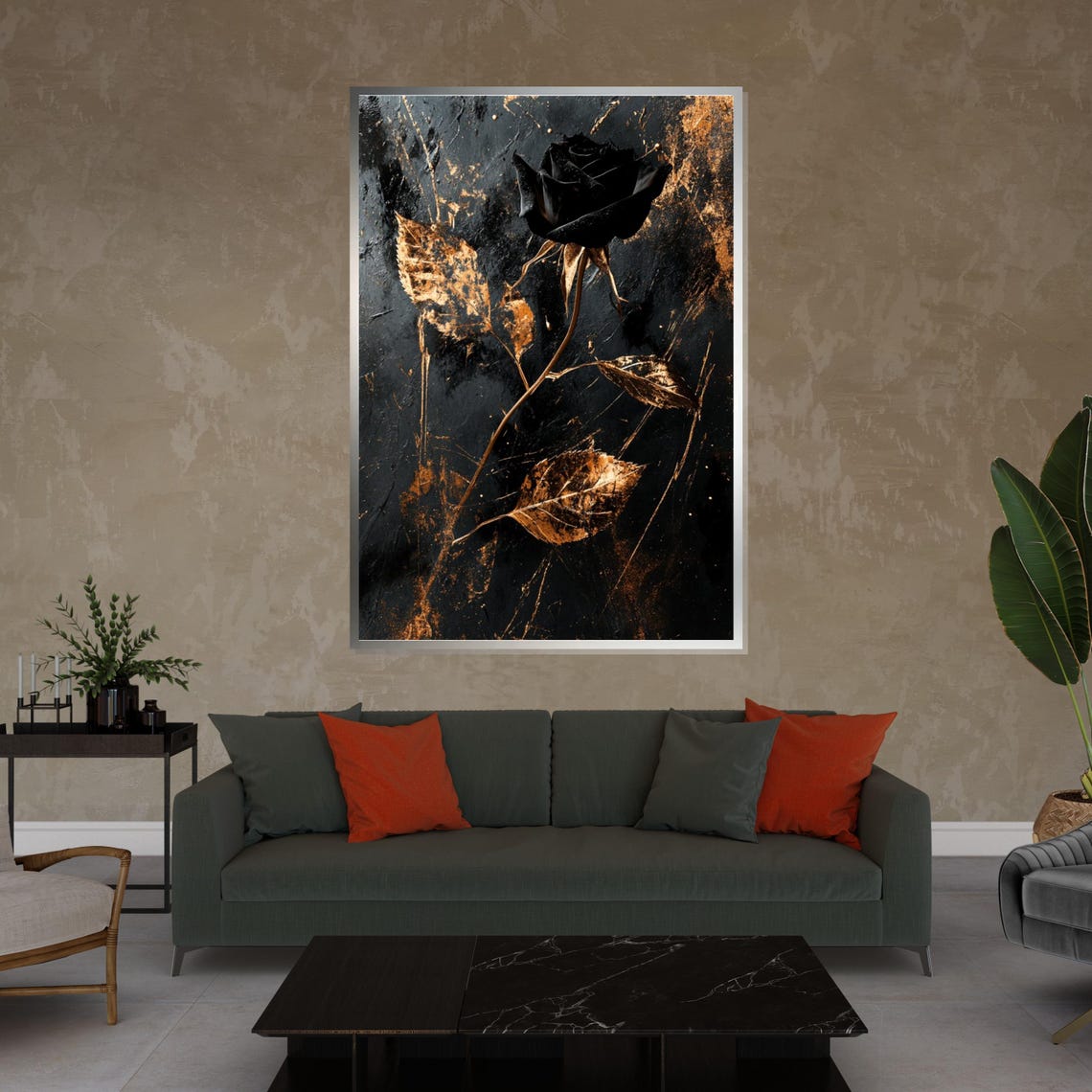 Black Rose Golden Leaves Dark Moody Dramatic Floral Art Poster - Image 4