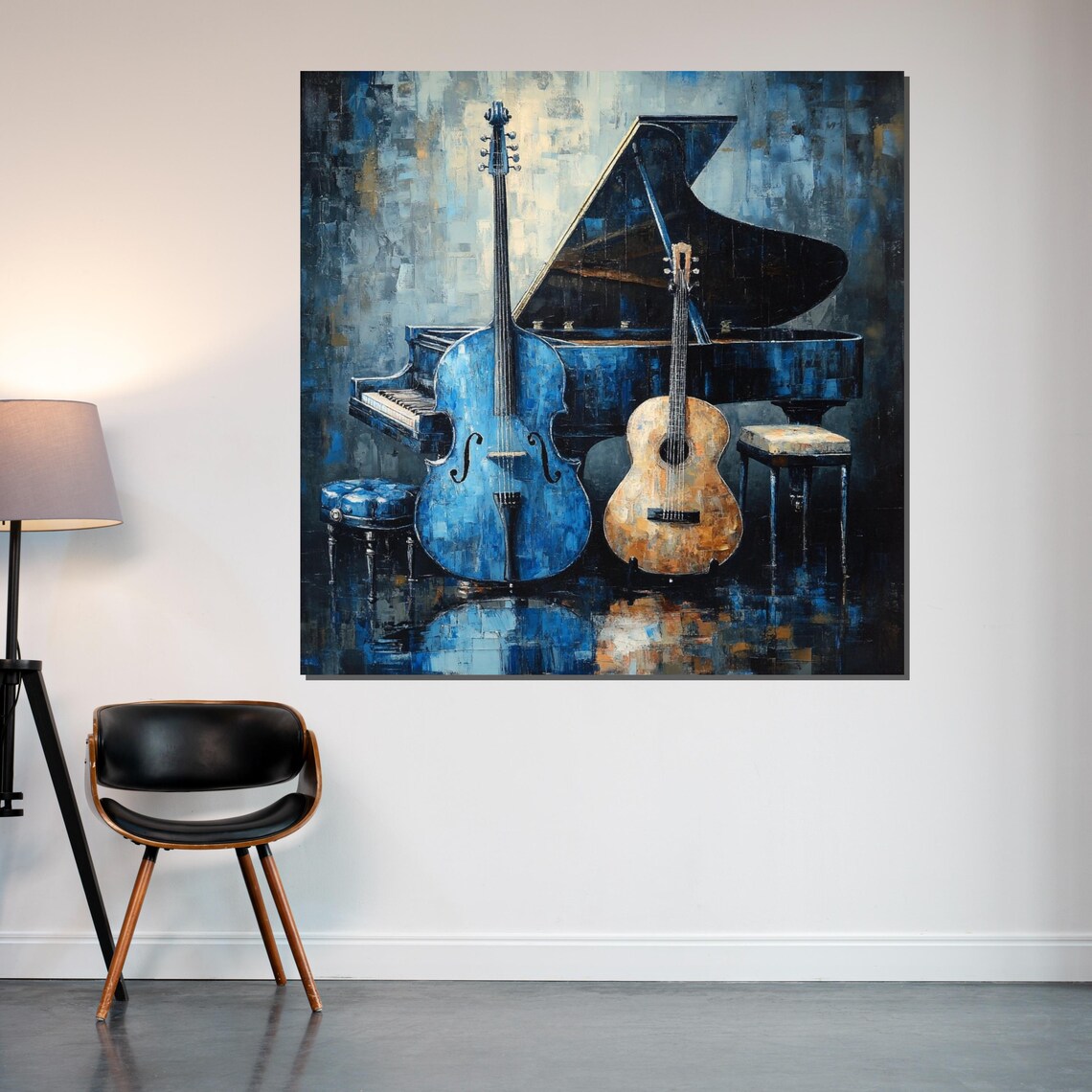 Musical Harmony Blue Cello, Acoustic Guitar, Piano Art Print - Image 2