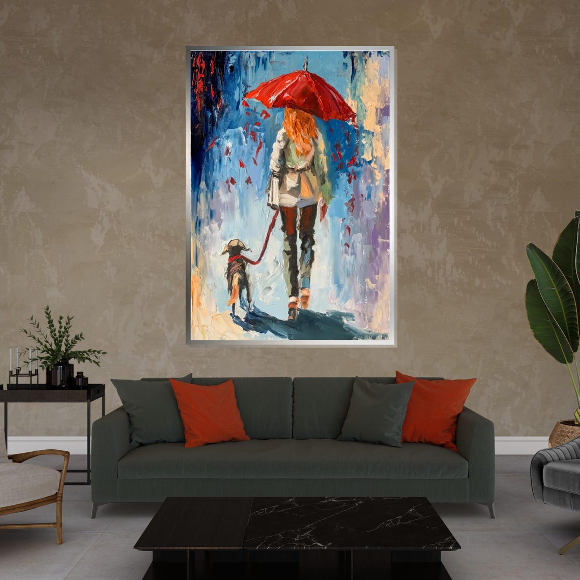 Woman With Red Umbrella Walking Dog In Rain Painterly Pet Art Poster - Image 3