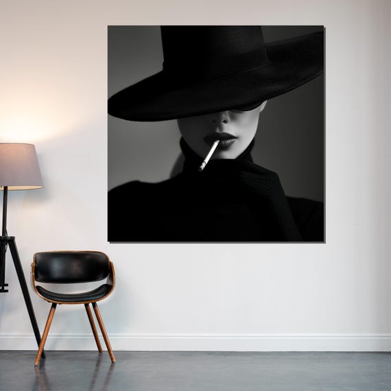 Mysterious Woman Noir Wall Art Black Hat Lady Print Elegant Femme Poster Wall Art Design Ready To Hang Decoration