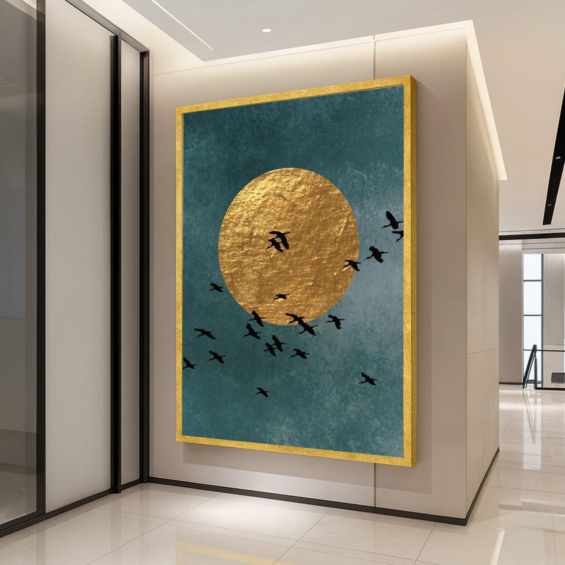 Golden Sun Circle With Bird Silhouettes Modern Teal Abstract Poster