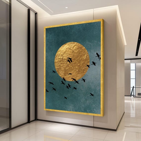 Golden Sun Canvas Print Modern Abstract Wall Art Bird Silhouette Decor Elegant Decoration Ready To Hang