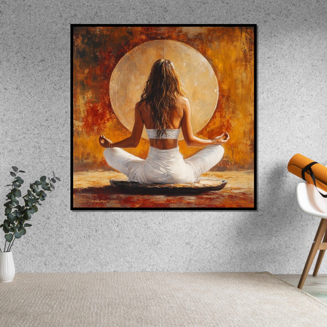 Woman Meditating Before Full Moon in Golden Light Art Poster - Image 5