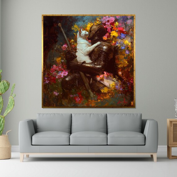 Medieval Knight Hugging White Cat In Flower Garden Fantasy Wall Art