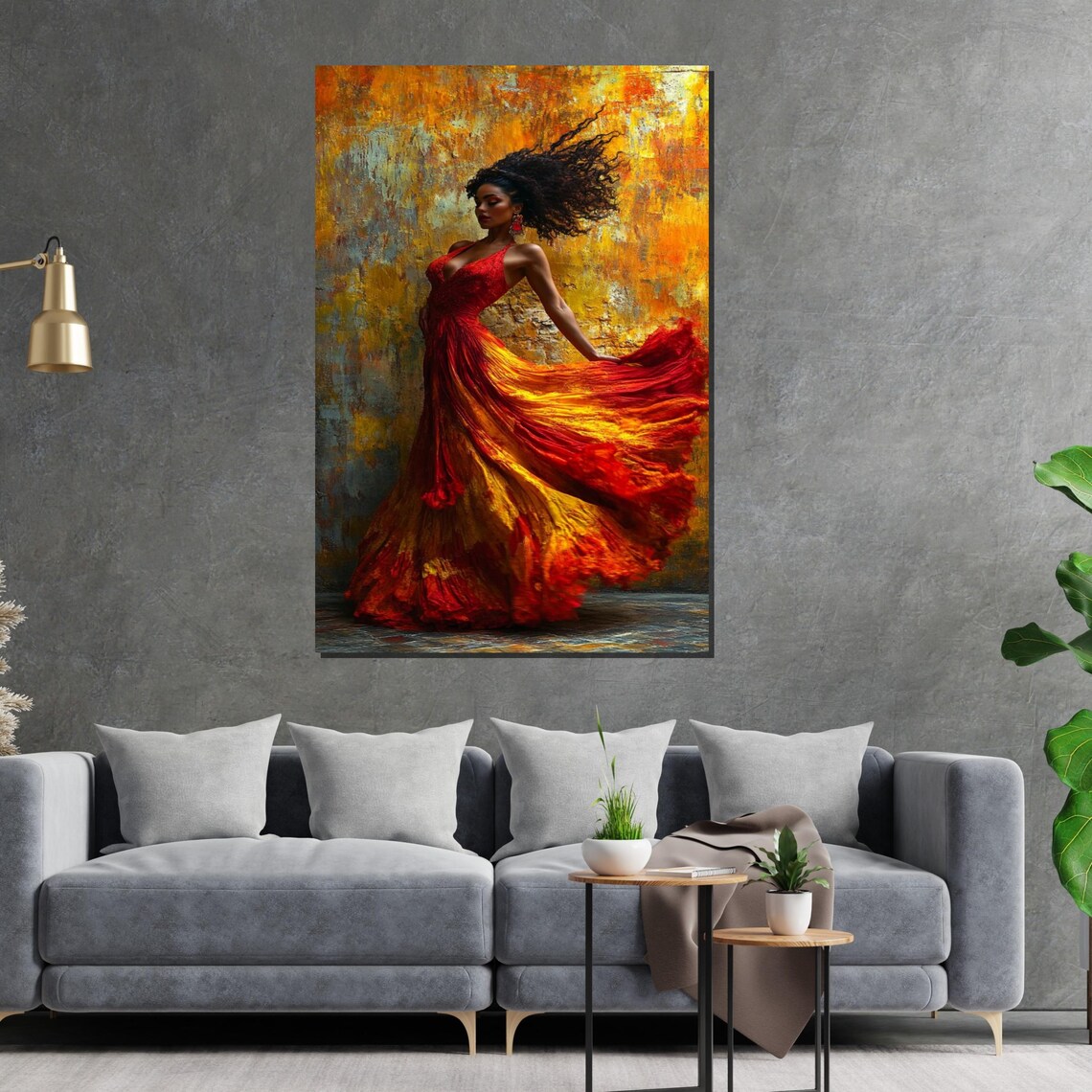 Fiery Flamenco Dancer in Flowing Red Orange Dress Golden Art Poster - Image 2