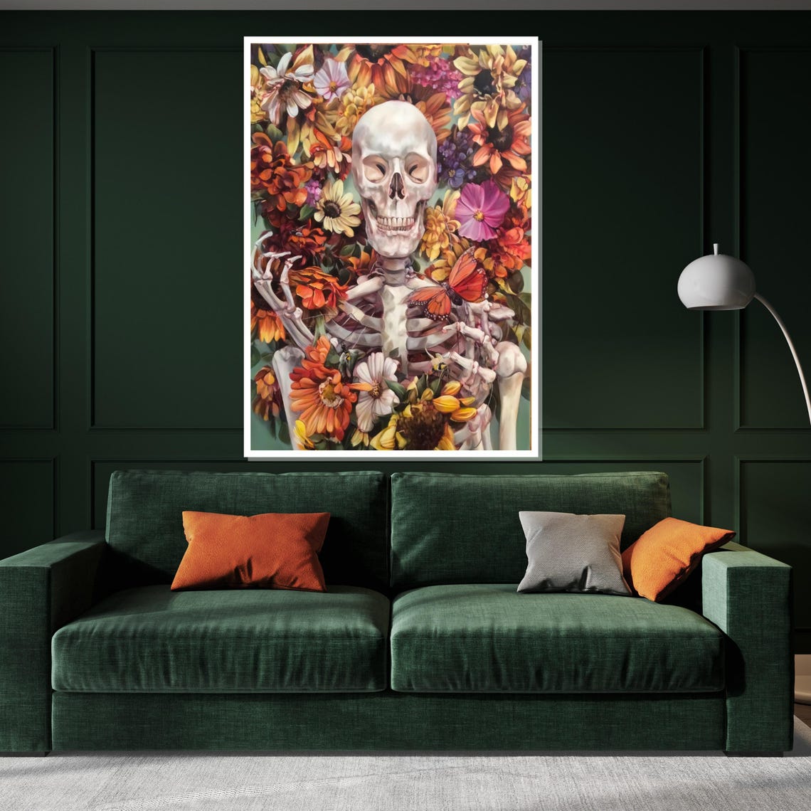 Skeleton Surrounded By Sunflowers Butterfly Floral Gothic Art Poster - Image 3