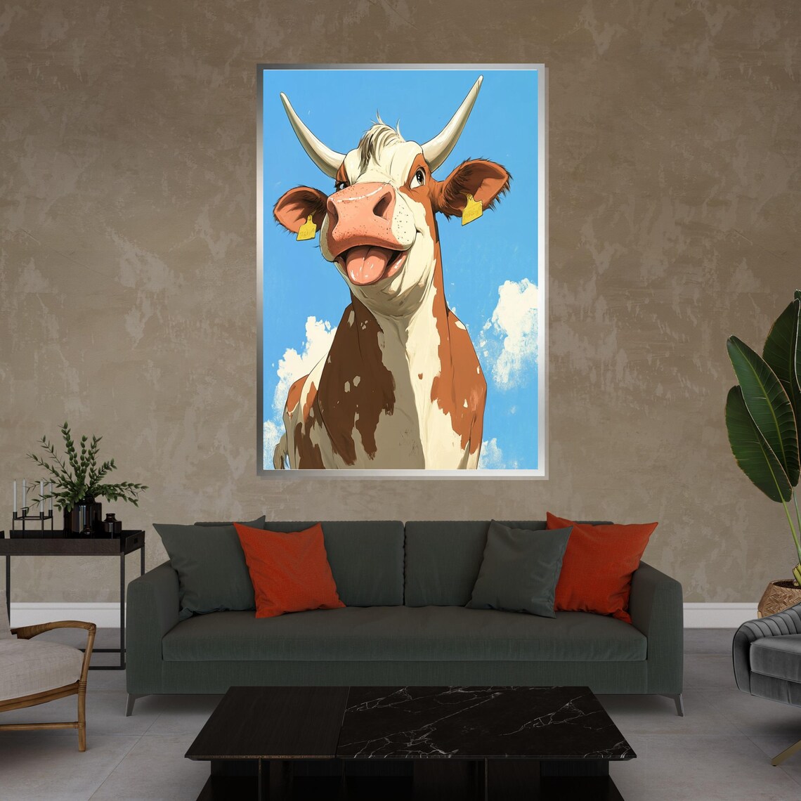 Smiling Cartoon Cow Bright Blue Sky Funny Farm Animal Art Poster - Image 4