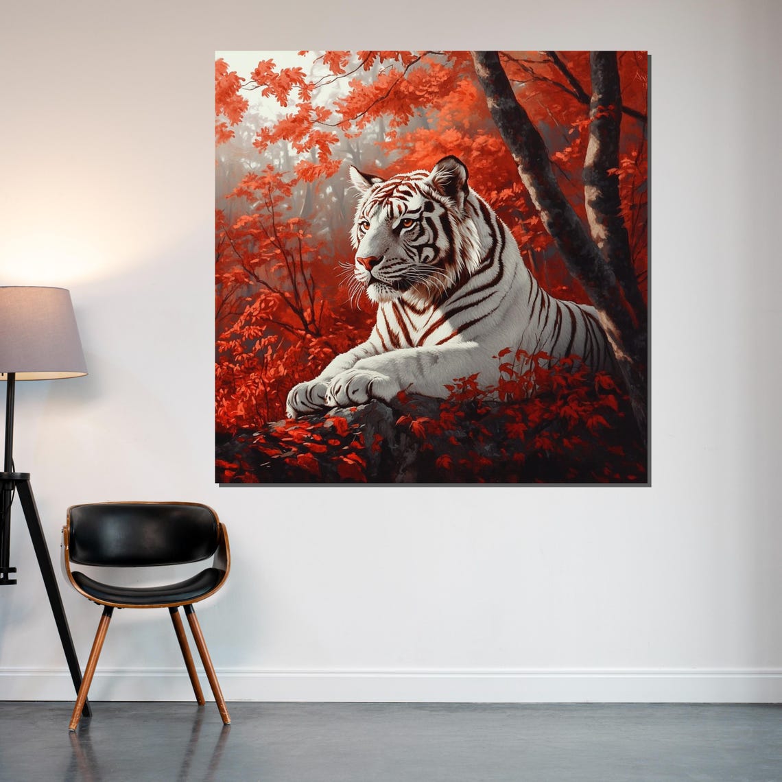 White Tiger Resting Red Autumn Forest Regal Big Cat Art Poster - Image 2