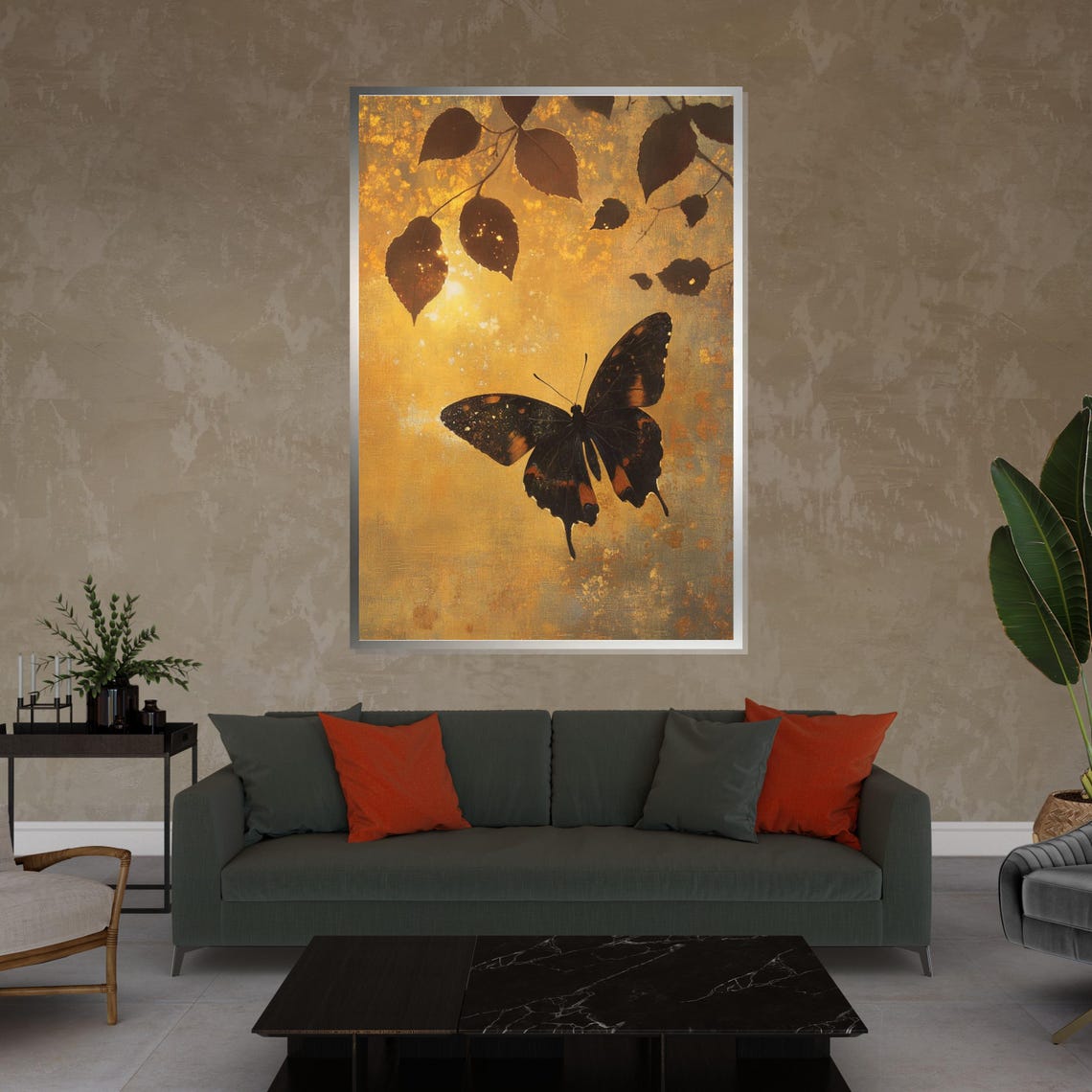 Dark Butterfly Gold Leaf Autumn Leaves Elegant Nature Art Poster - Image 4