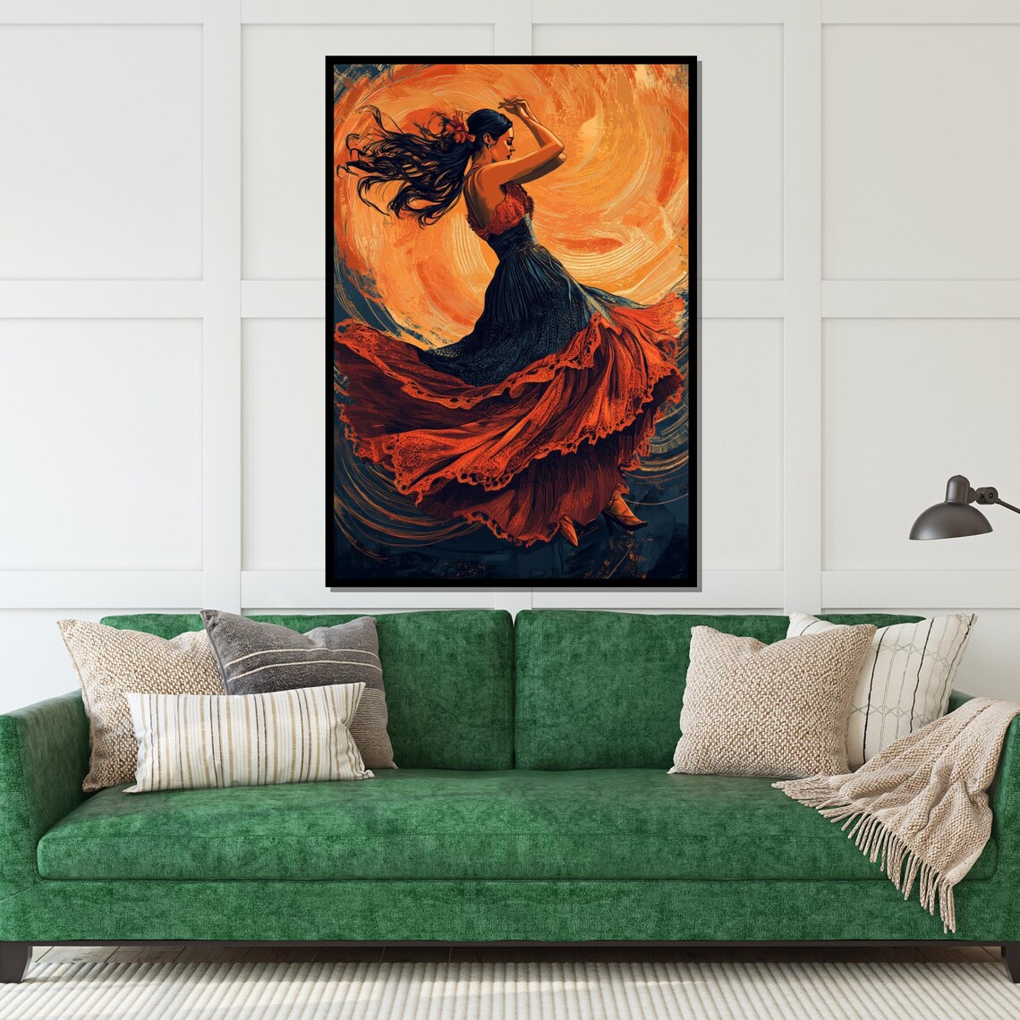 Flamenco Dancer in Black and Red Dress Fiery Orange Art Poster - Image 5