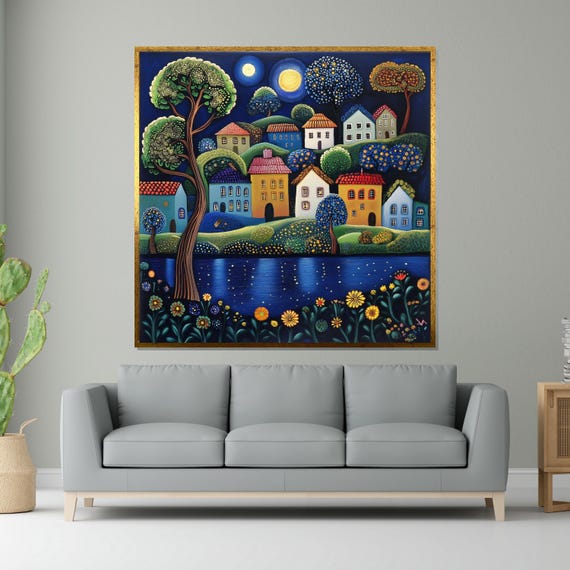 Whimsical Village Nightscape Print Colorful House Dreamy Night Art Wall Art Design Ready To Hang Decoration
