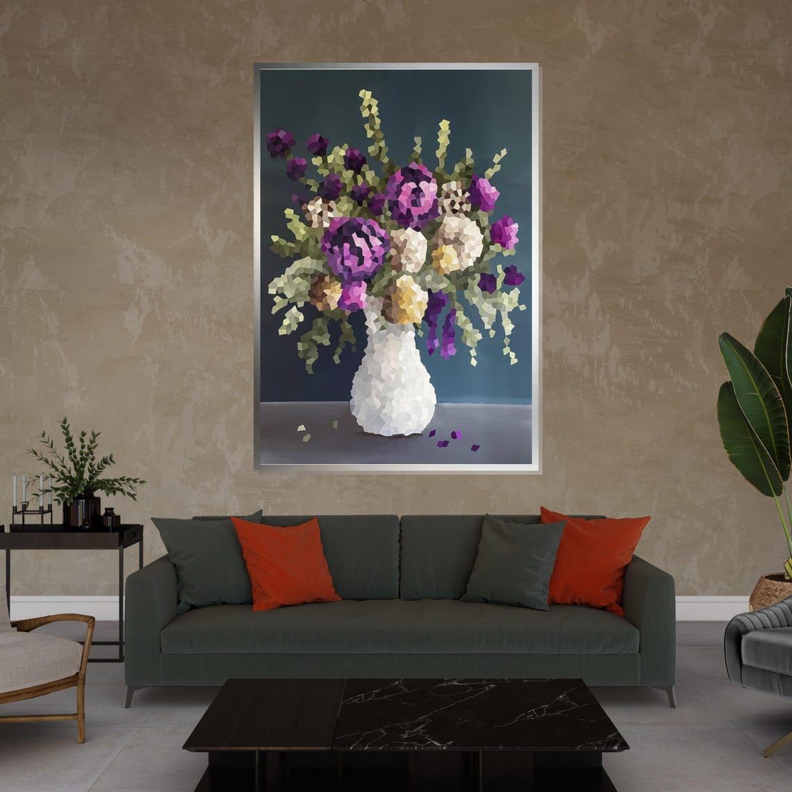 Abstract Mosaic Flower Bouquet White Vase Modern Floral Wall Art - Image 4