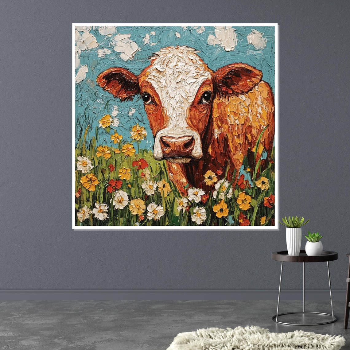 Brown Cow Close Up Wildflower Meadow Textured Impasto Art Poster - Image 3