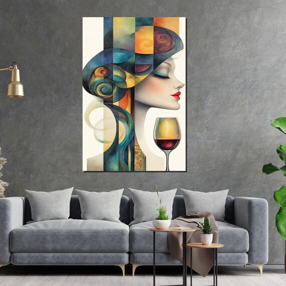 Abstract Colorful Woman With Wine Glass Cubist Portrait Style Poster