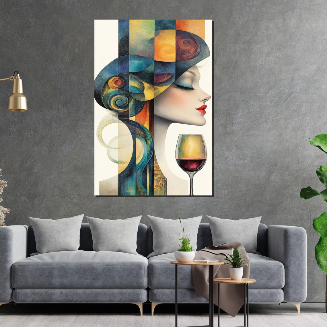 Abstract Colorful Woman With Wine Glass Cubist Portrait Style Poster