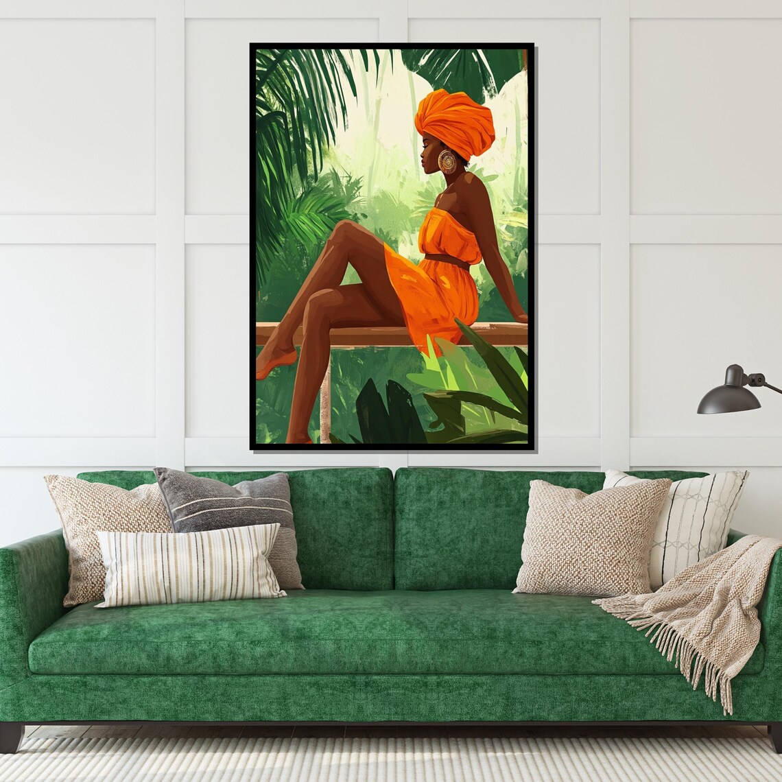 African Woman Orange Dress Headwrap Tropical Jungle Beauty Wall Art - Image 5