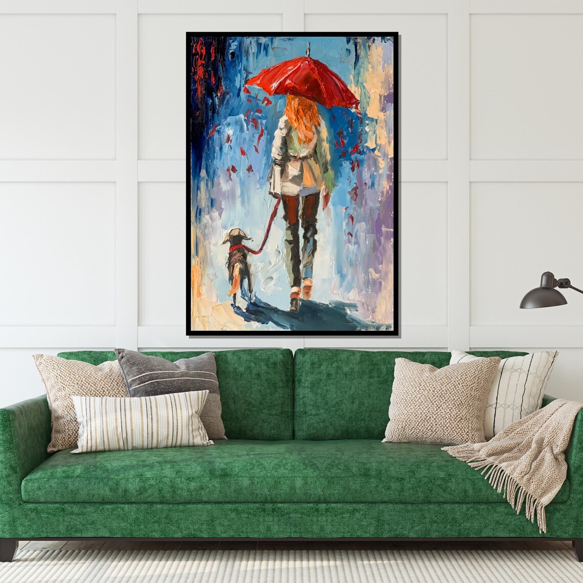 Woman With Red Umbrella Walking Dog In Rain Painterly Pet Art Poster - Image 4