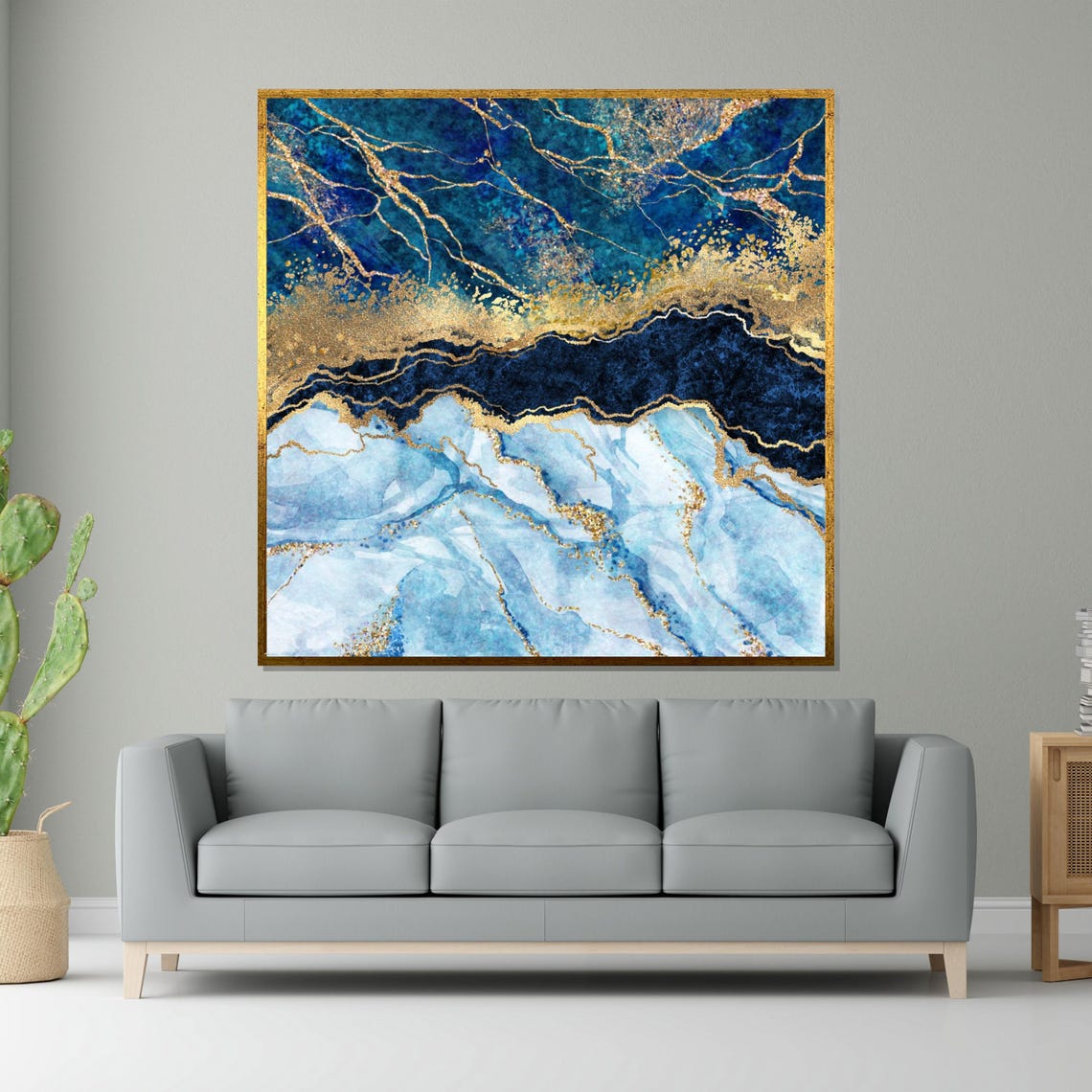 Blue Marble Gold Veins Luxury Abstract Stone Swirl Elegant Wall Art
