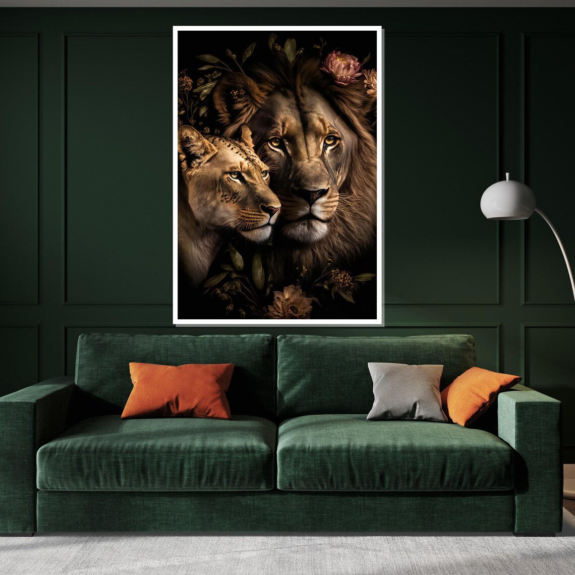 Lion and Lioness Pair Dark Floral Regal Couple Wildlife Art Poster - Image 3