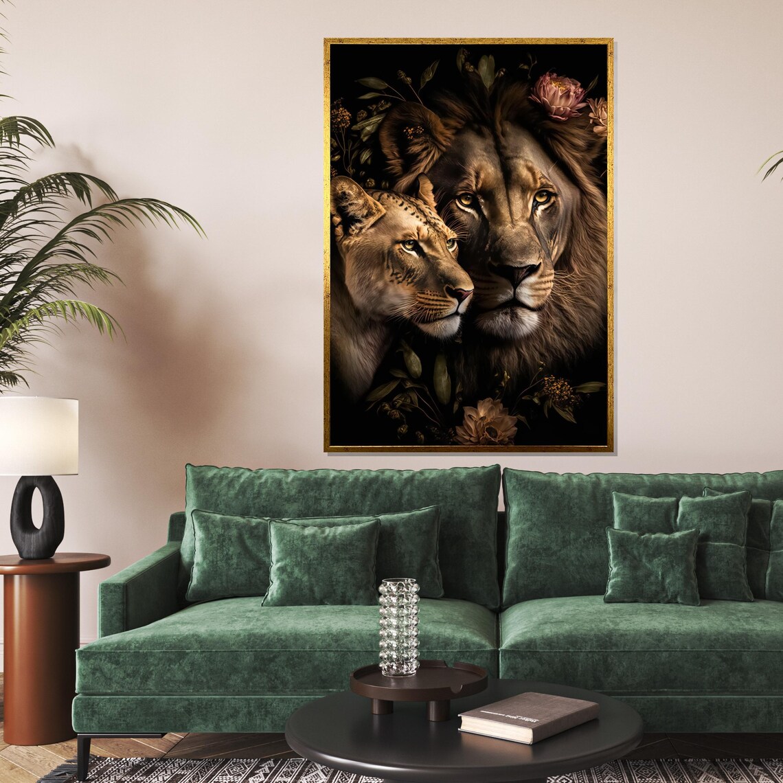 Lion and Lioness Pair Dark Floral Regal Couple Wildlife Art Poster