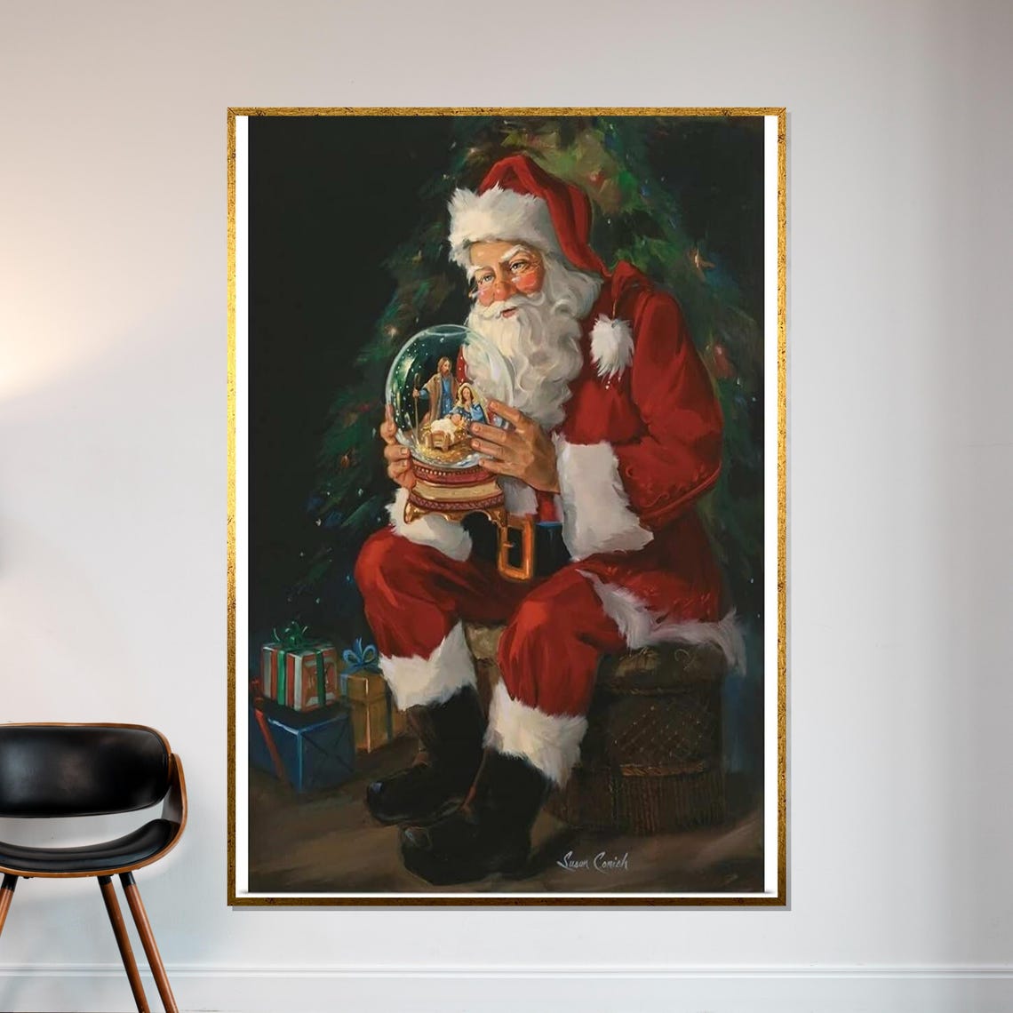 Vintage Santa Claus Snow Globe Nativity Christmas Classic Art Poster