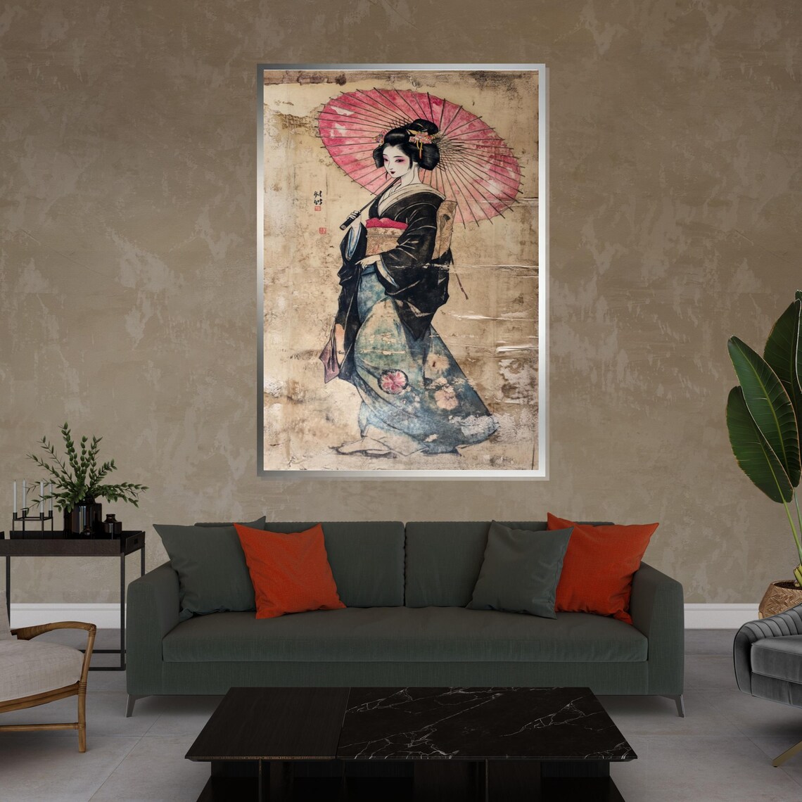 Geisha Pink Parasol Vintage Japanese Woodblock Style Art Poster - Image 4