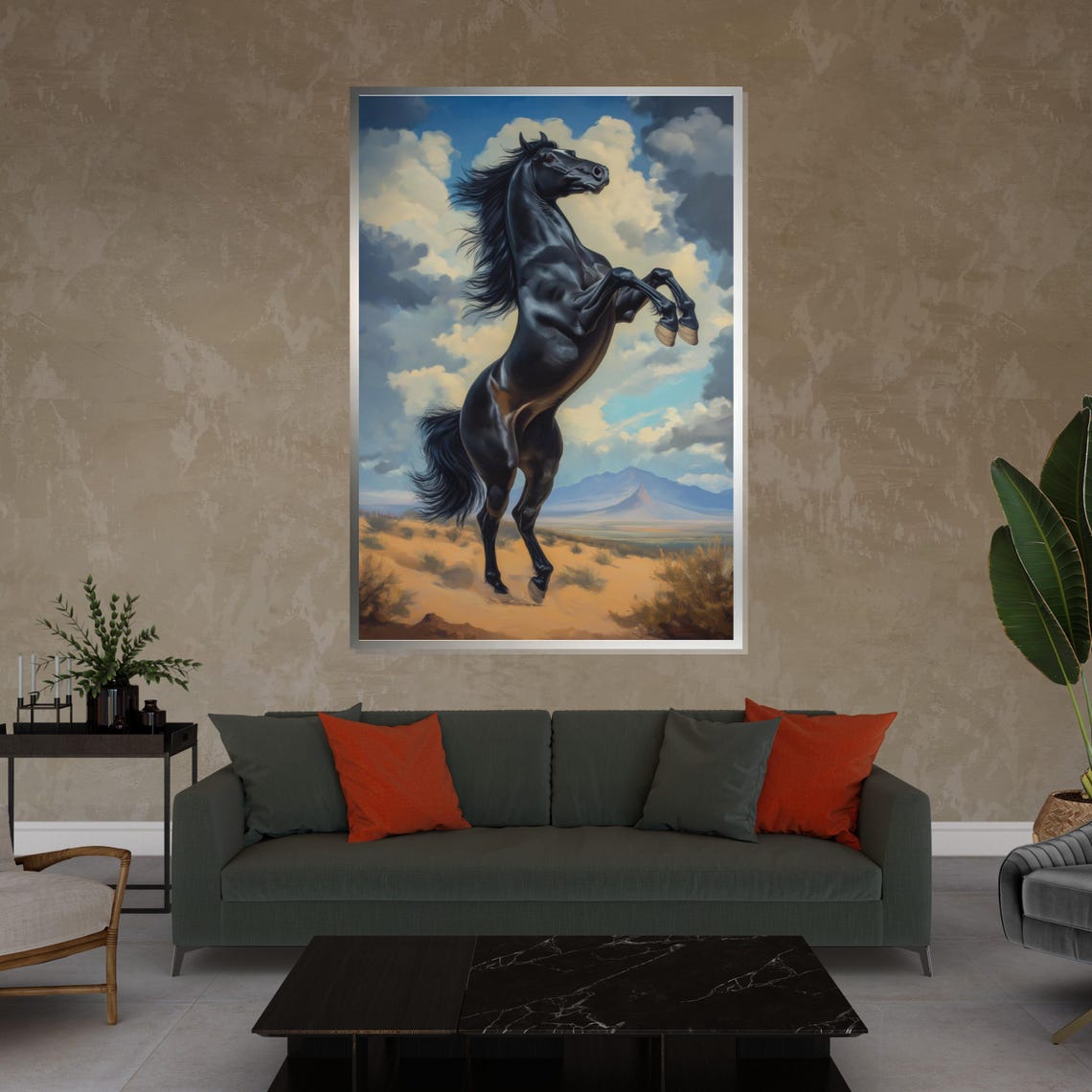 Black Stallion Rearing Desert Sunset Dramatic Equine Oil Art Poster - Image 4