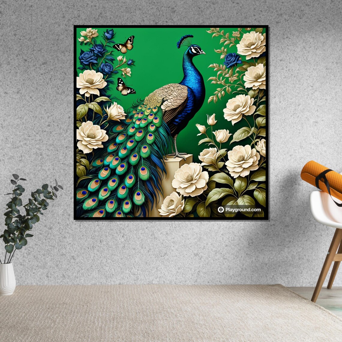 Elegant Peacock White Roses Butterflies Green Regal Bird Art Poster - Image 5