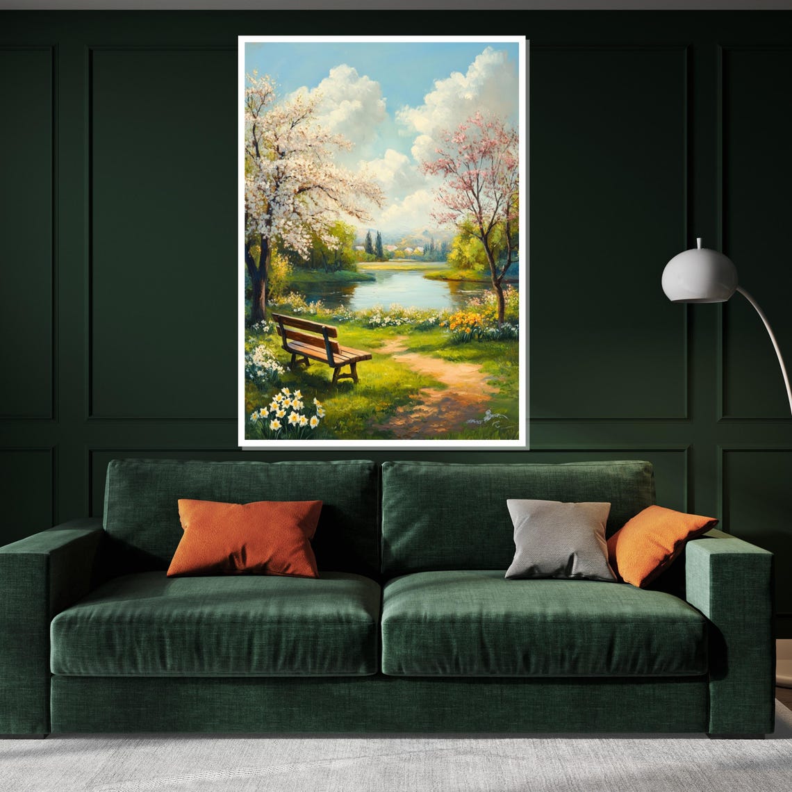 Serene Spring Lakeside Bench Blossom Trees Peaceful Nature Poster - Image 3