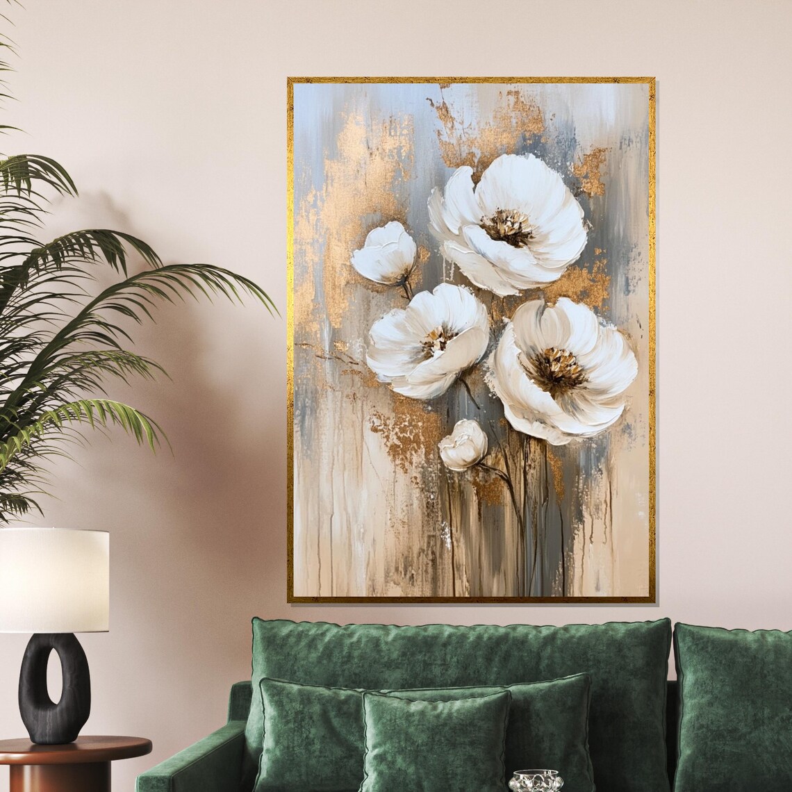 White Blossom Flowers With Gold Accents Abstract Floral Art Poster