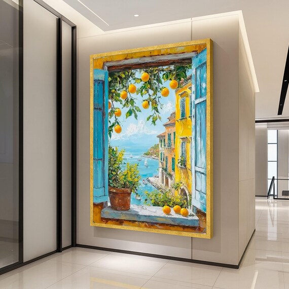 Mediterranean Window Lemon Tree Coastal Town Sea View Painting Poster
