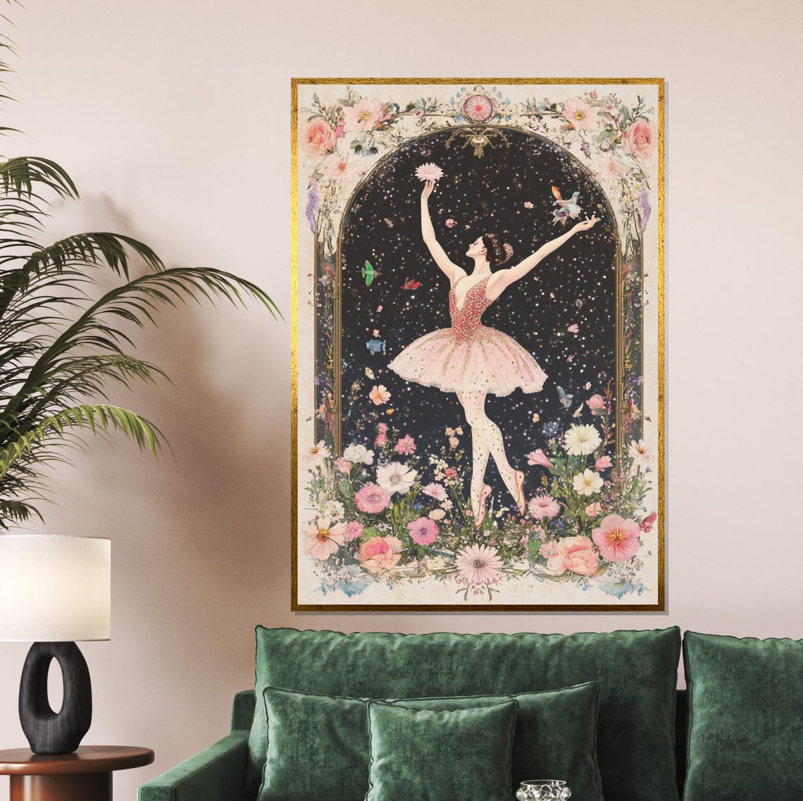 Pink Tutu Ballerina in a Floral Arch Under Starry Night Art Poster