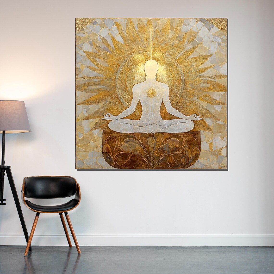 Golden Sunburst Meditation Silhouette Spiritual Modern Art Poster - Image 2