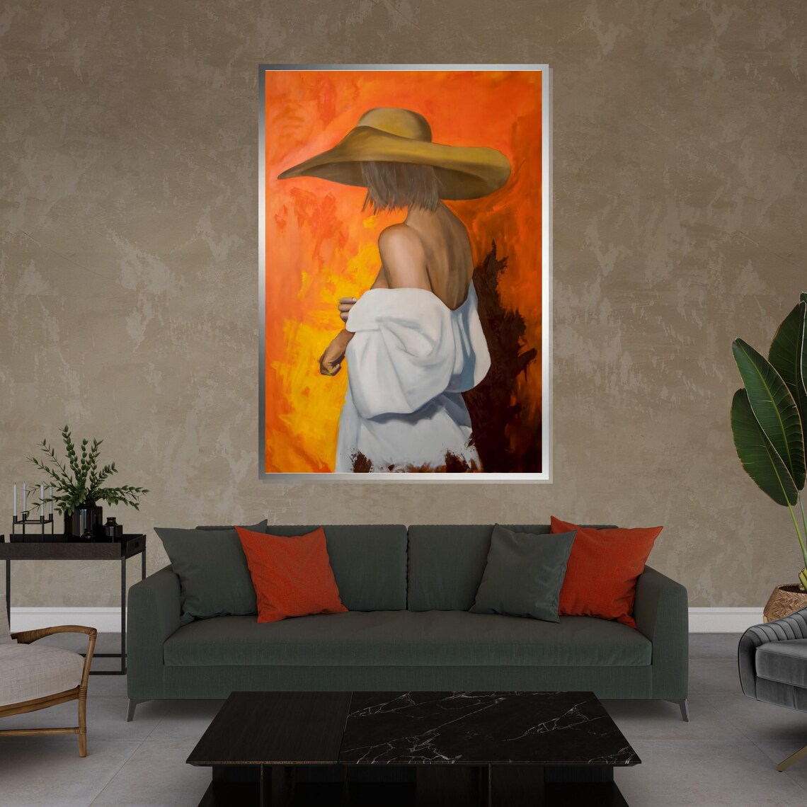 Woman In Wide Brim Hat Fiery Orange Abstract Painting Style Poster - Image 3