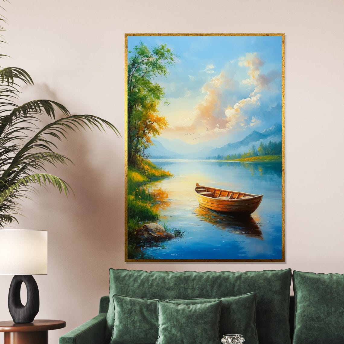 Golden Wooden Rowboat on Calm Blue Lake Sunrise Reflections Poster