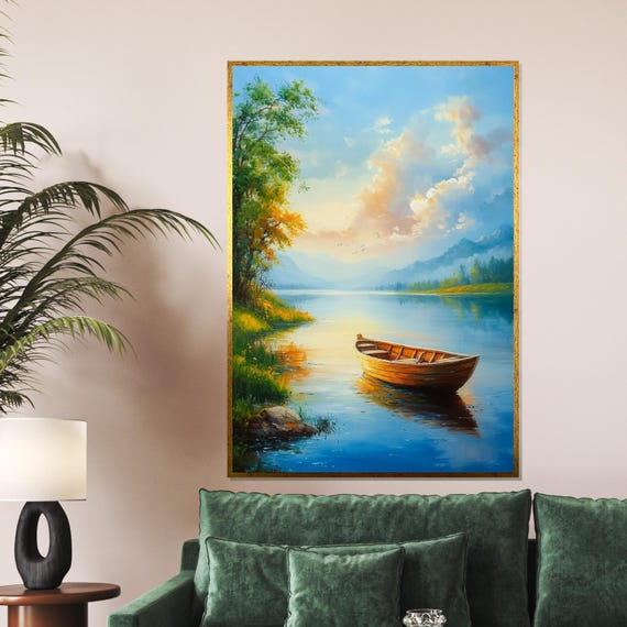 Peaceful Lake Boat Tranquil Landscape Art Reflective Water Scene Nature Wall Art Design Ready To Hang Decoration