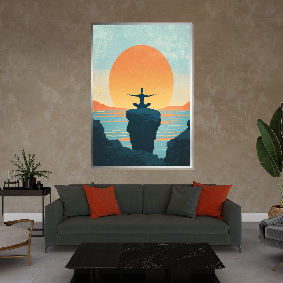 Meditator Silhouette on Cliff at Sunset Over Ocean Art Poster - Image 4